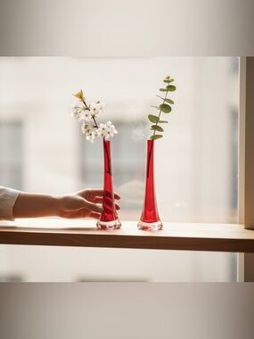 Vintage Red Blown Glass Bud Vases Art Glass Neck Stretch Floral Romantic Accents
